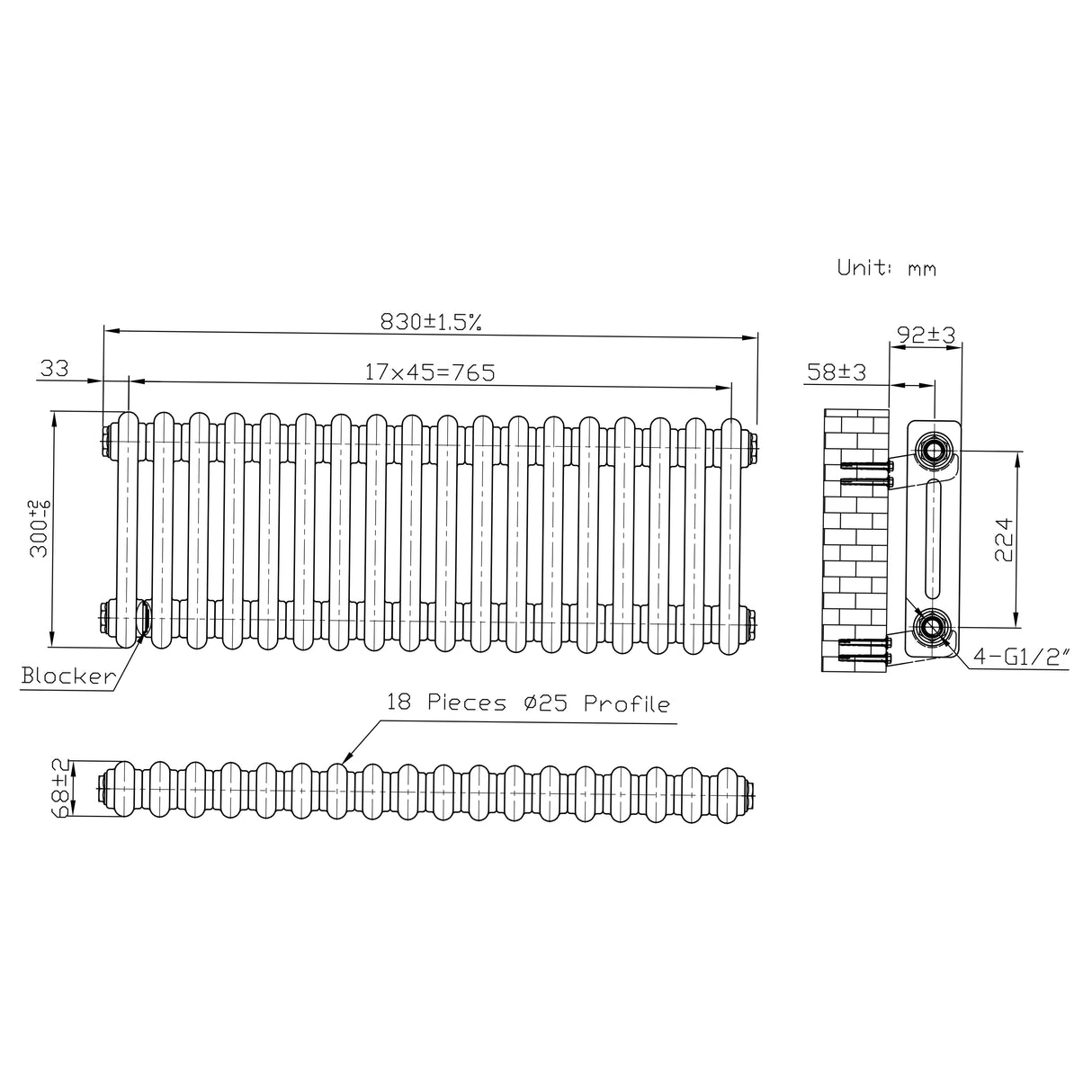 Traditional 2 Column Radiator & Valves – 300mm x 830mm - Raw Metal