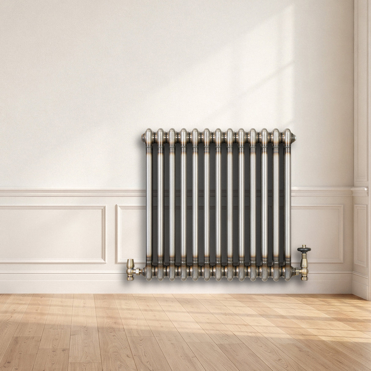 Traditional 2 Column Radiator & Valves - 600 x 605mm - Raw Metal