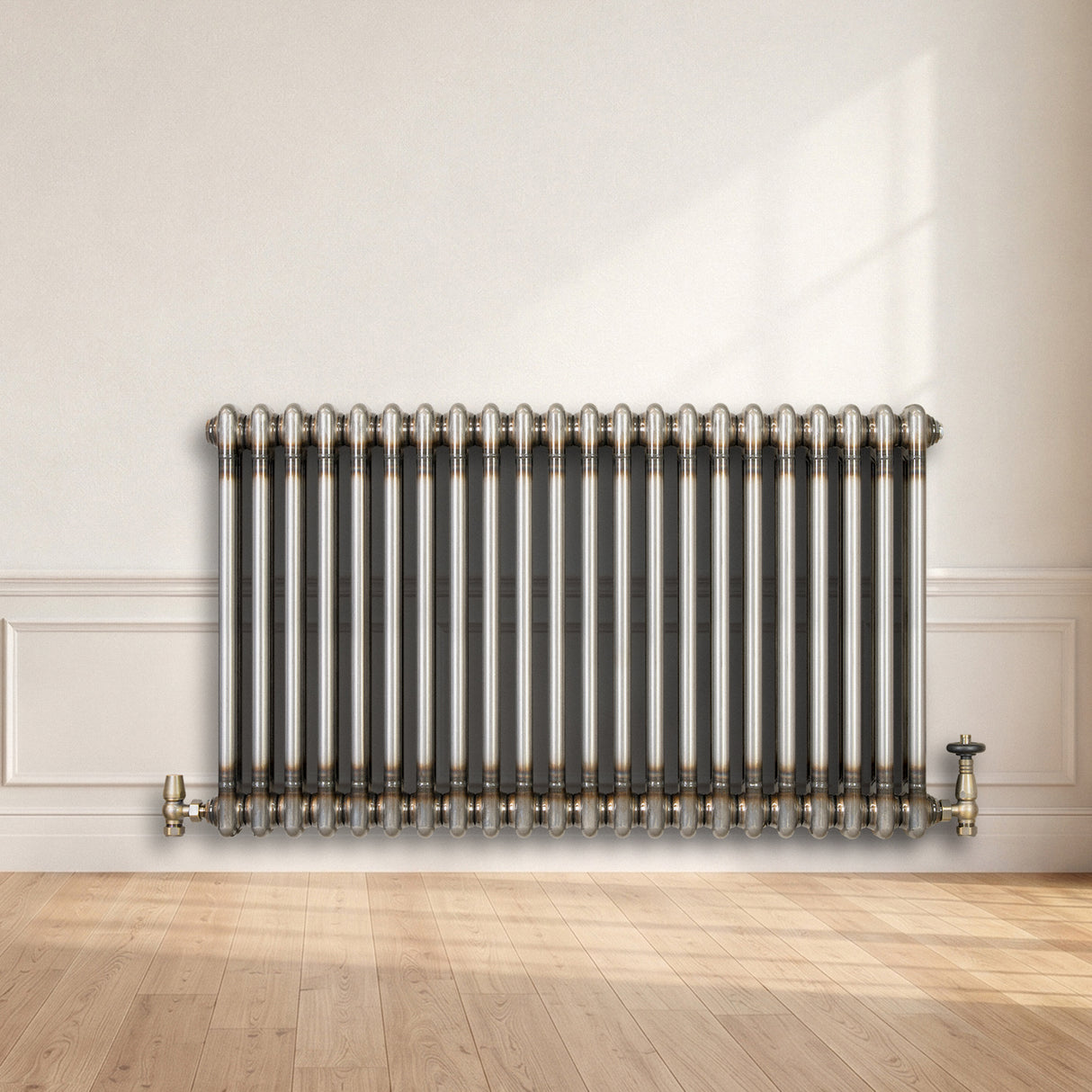 Traditional 2 Column Radiator & Valves - 600 x 1010mm - Raw Metal