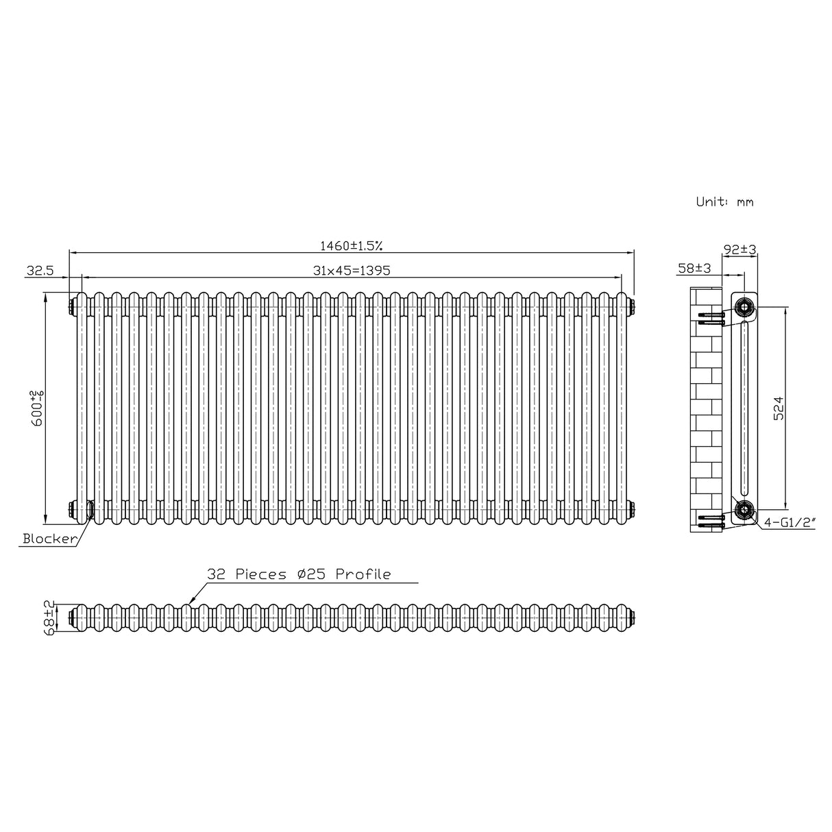 Traditional 2 Column Radiator & Valves - 600 x 1460mm - Raw Metal