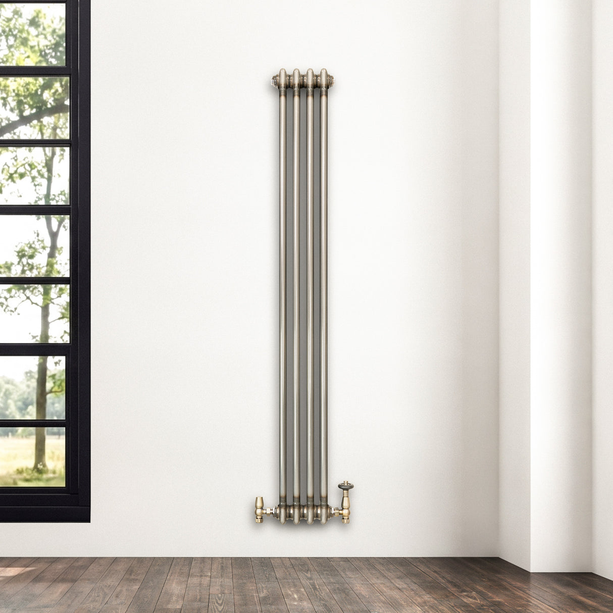 Traditional 2 Column Radiator & Valves - 1500 x 200mm - Raw Metal