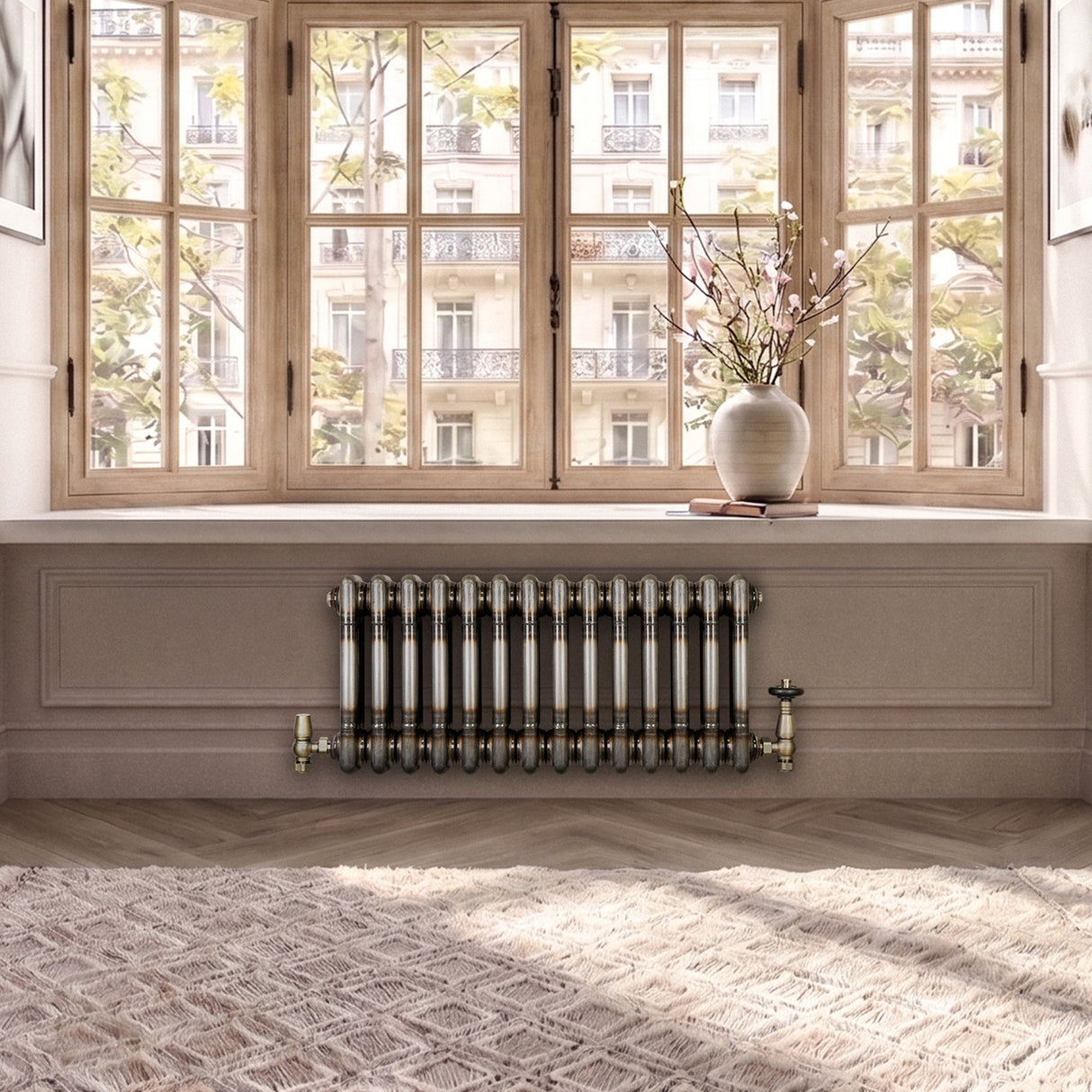 Traditional 3 Column Radiator & Valves - 300mm x 650mm - Raw Metal