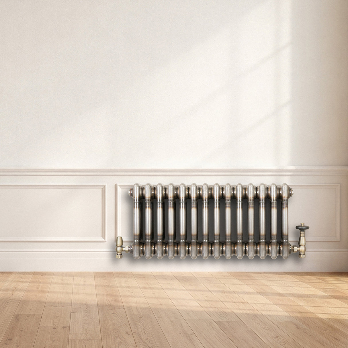 Traditional 3 Column Radiator & Valves - 300mm x 650mm - Raw Metal