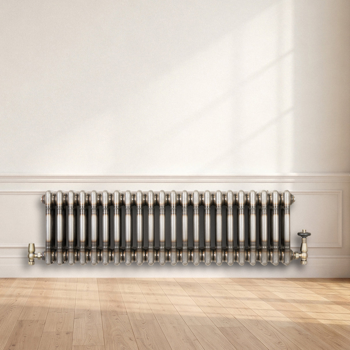 Traditional 3 Column Radiator & Valves – 300mm x 1010mm - Raw Metal