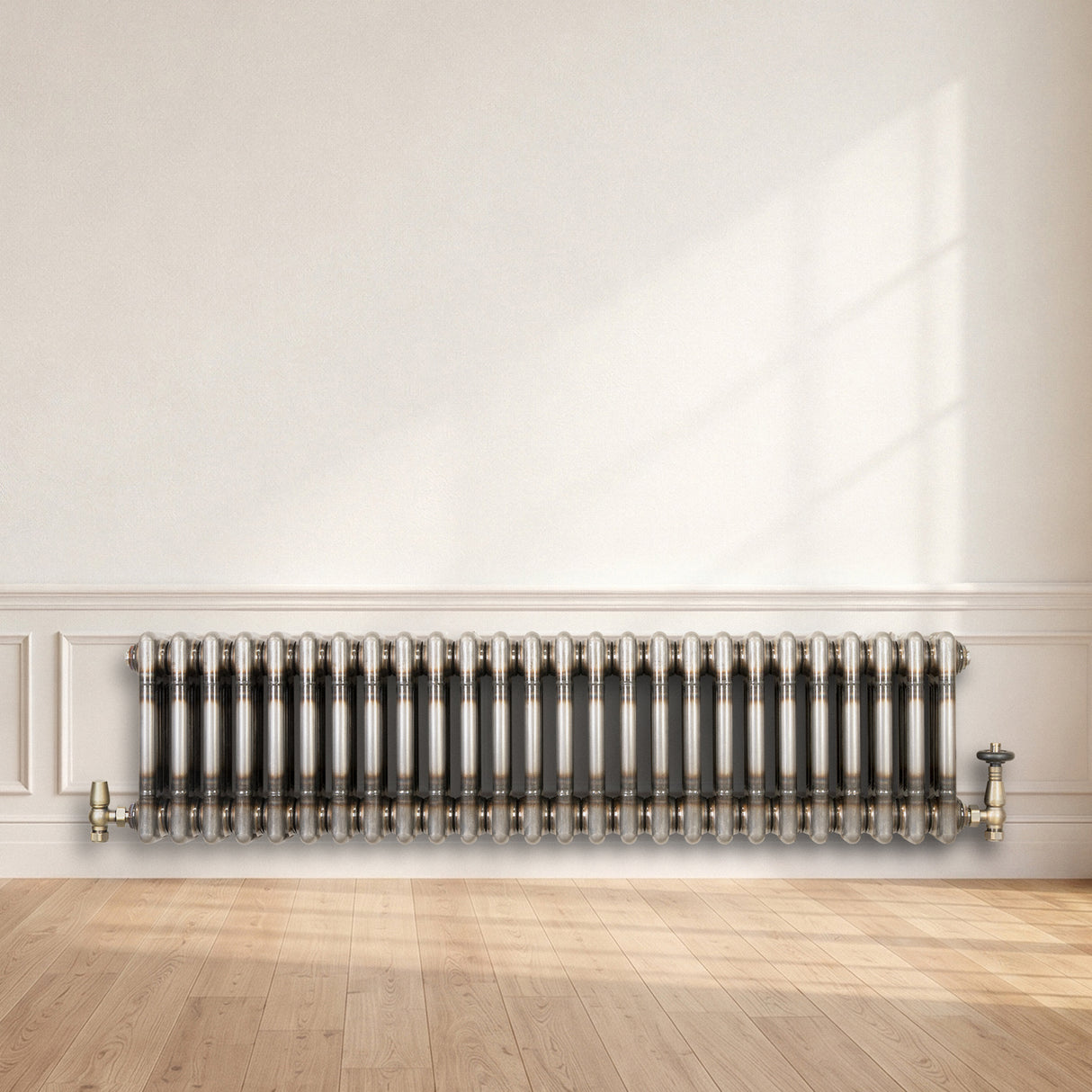 Traditional 3 Column Radiator & Valves – 300mm x 1190mm - Raw Metal