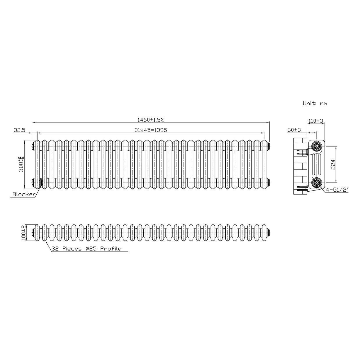 Traditional 3 Column Radiator & Valves - 300mm x 1460mm - Raw Metal