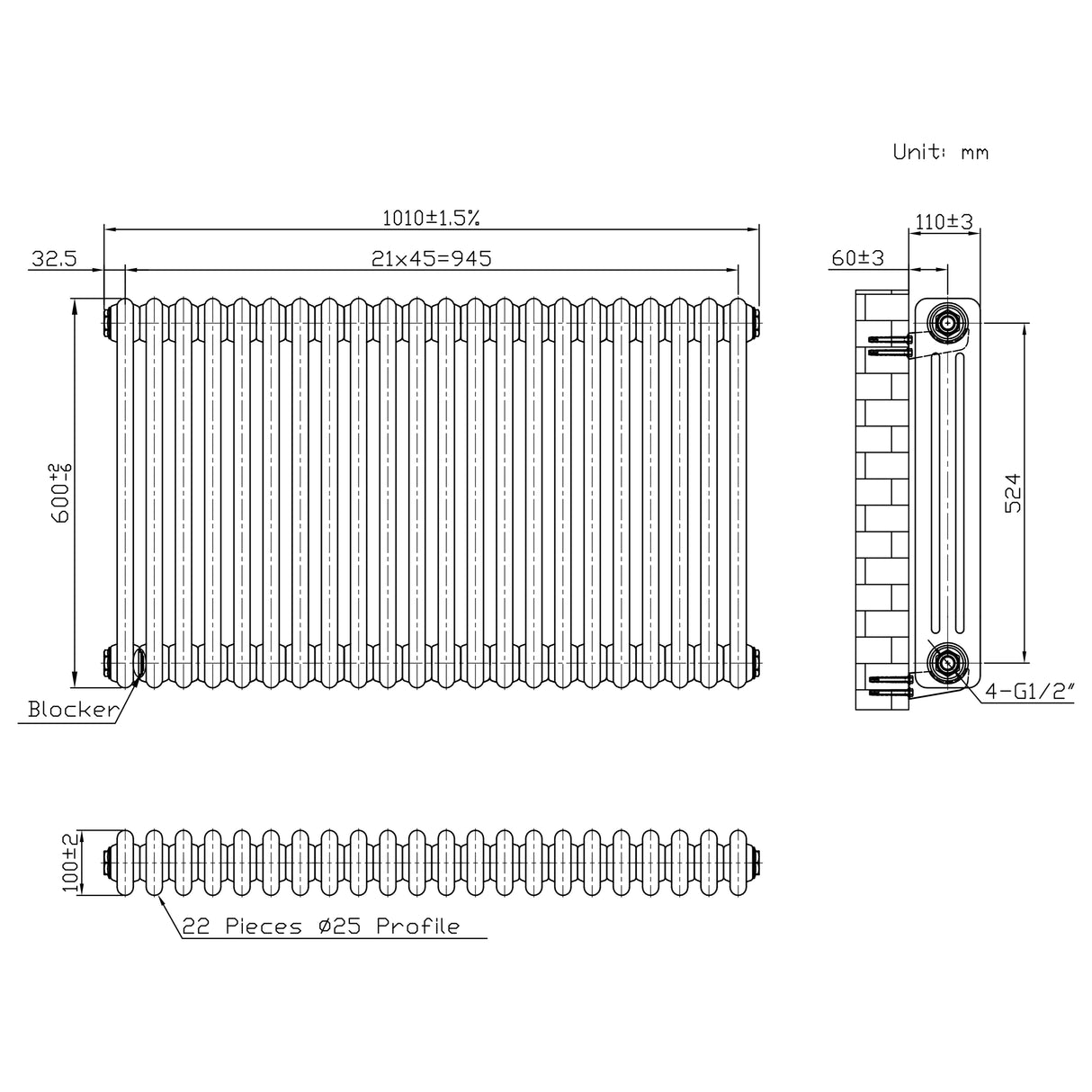Traditional 3 Column Radiator & Valves – 600mm x 1010mm - Raw Metal