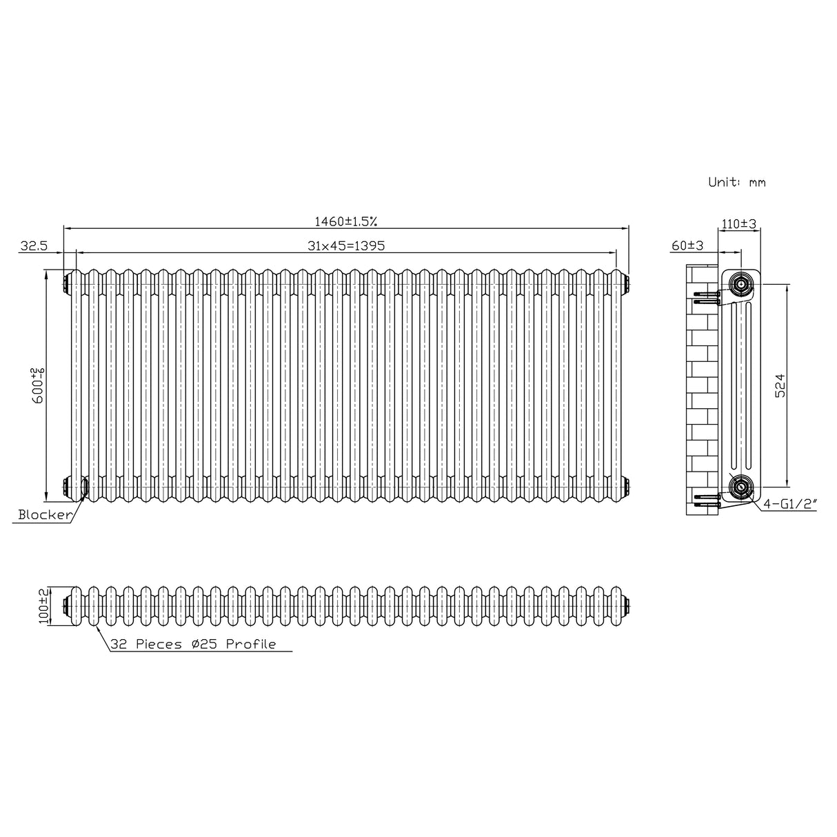 Traditional 3 Column Radiator & Valves – 600mm x 1460mm - Raw Metal