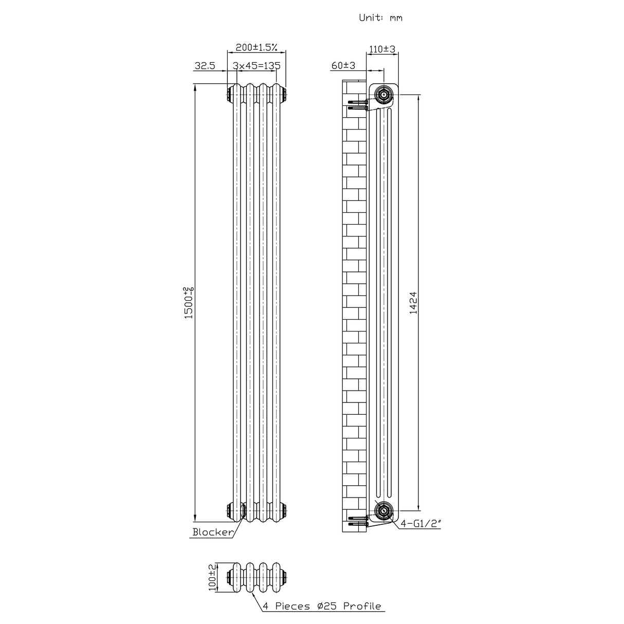 Traditional 3 Column Radiator & Valves – 1500mm x 200mm - Raw Metal