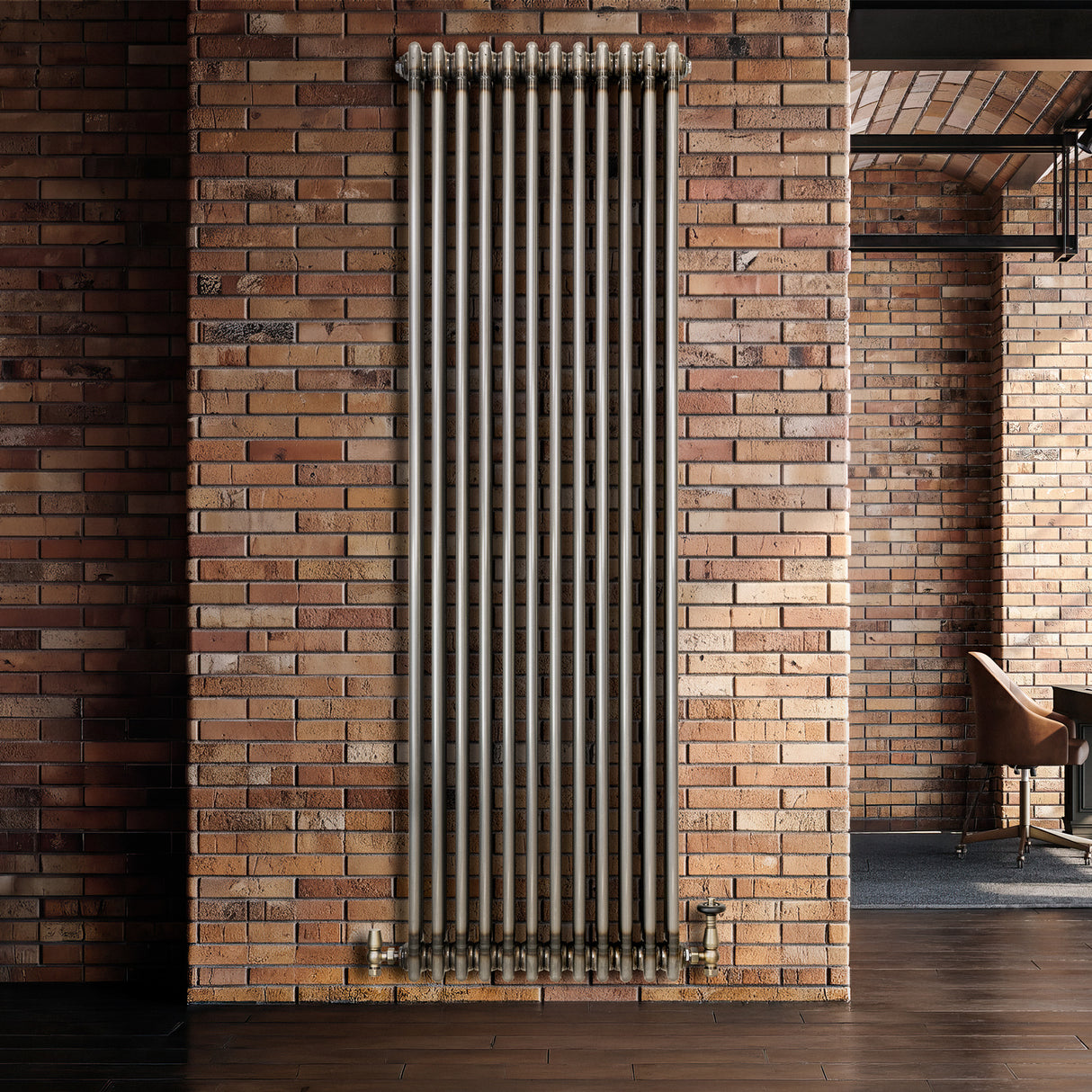 Traditional 3 Column Radiator & Valves - 1800 x 560mm - Raw Metal