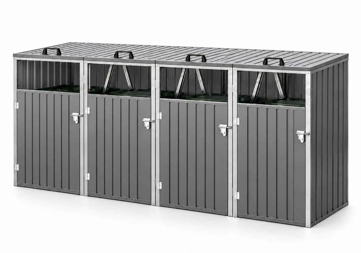 4-Bin Outdoor Storage Shed with Lockable Doors – Galvanised Steel