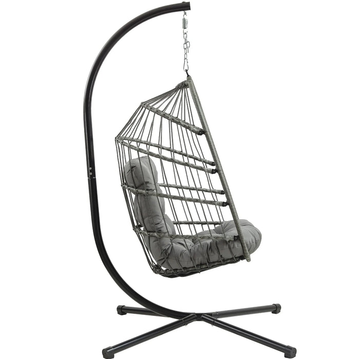 Stylish gray hanging chair with a modern curved black stand, featuring a cozy cushioned seat and a unique geometric design
