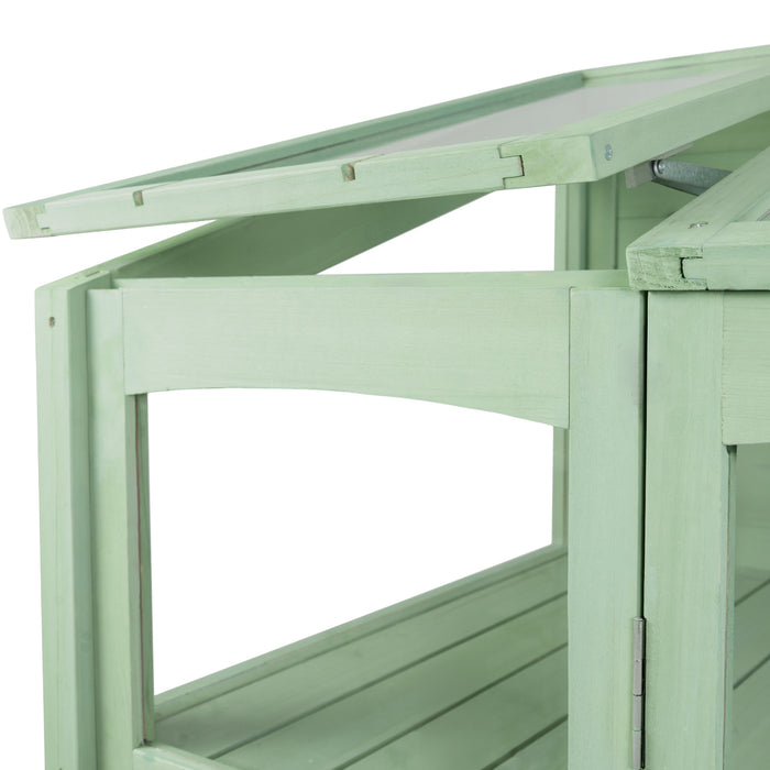 Light green wooden storage cabinet with a slatted design, featuring a hinged top and smooth, matte finish for a rustic look