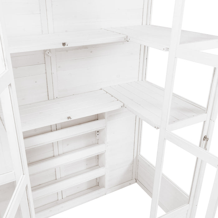 White wooden shelving unit with multiple open shelves and compartments, featuring a clean, minimalist design and smooth texture