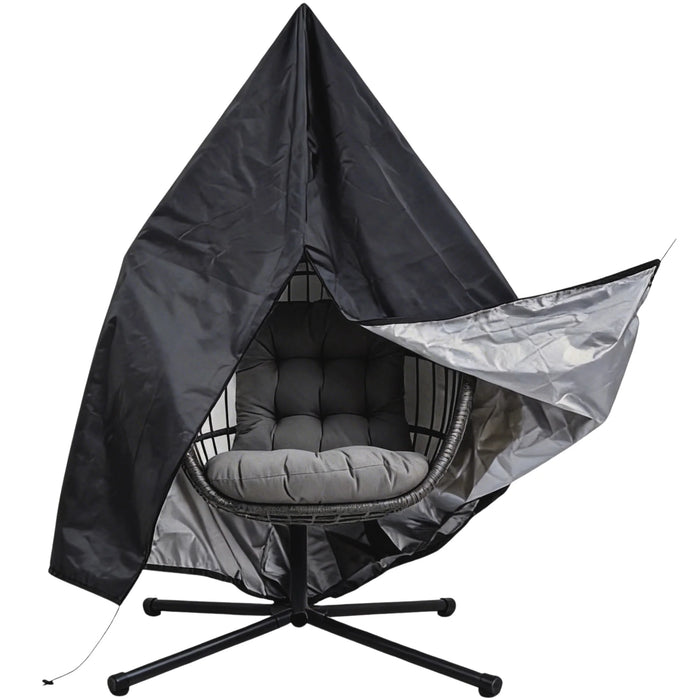 Stylish black and silver hanging chair with a plush gray cushion, featuring a unique geometric canopy design and sturdy metal base