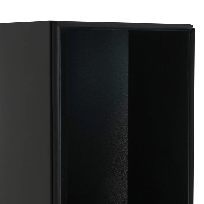 Sleek black storage cabinet with a smooth matte finish, featuring a minimalist design and a spacious interior for organization