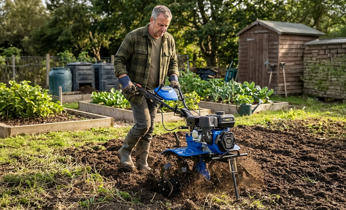 Man using a blue tiller in a garden, cultivating dark soil surrounded by green plants and wooden garden sheds in the background