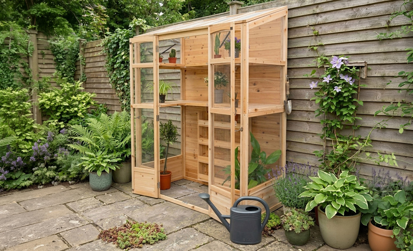 Wooden greenhouse with glass panels, surrounded by lush greenery and potted plants, featuring a watering can on stone patio
