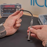 Precision screwdriver with flexible shaft held by a hand, showcasing its ergonomic design and chrome finish against a sleek background