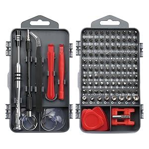 120-piece precision screwdriver set in a gray case, featuring various screwdriver heads, red handles, and essential tools for repairs