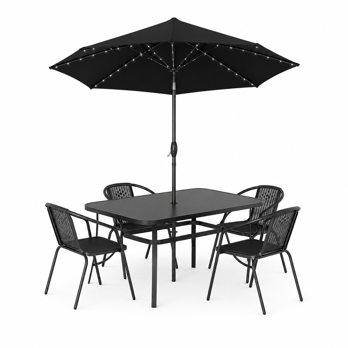 Garden Table & Rattan Chairs + Black 2.7m LED Parasol Bundle