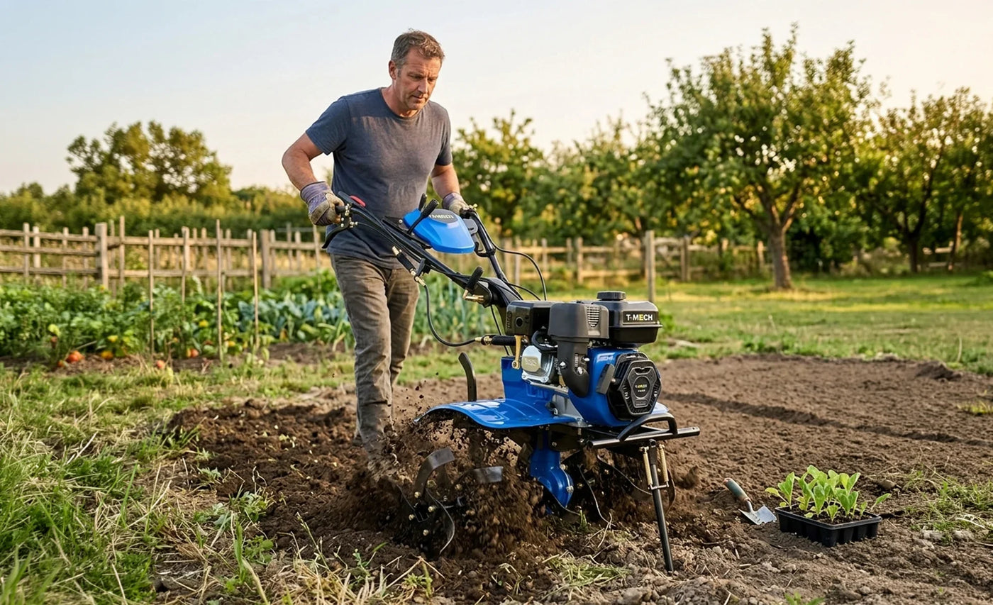 Man using a blue tiller to cultivate soil in a garden, surrounded by green plants and trees under a clear sky