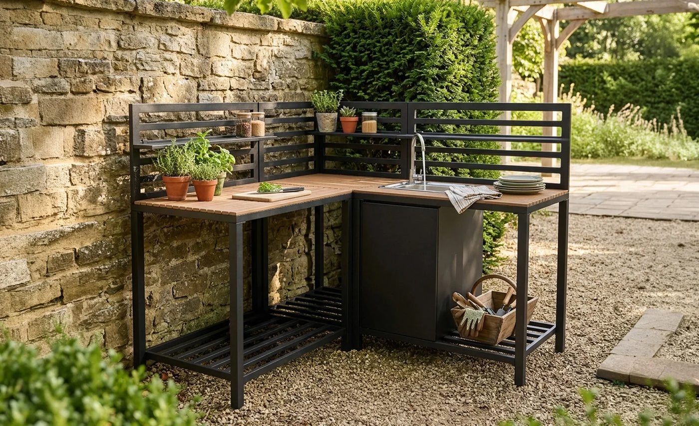 Modern outdoor kitchen setup featuring a sleek black metal frame, wooden countertops, potted herbs, and a sink in a garden setting