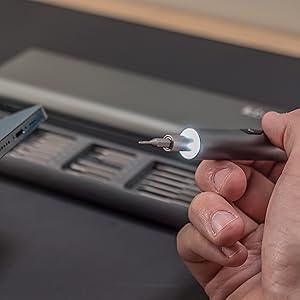 ilabPRO Electric Precision Screwdriver Set with a sleek silver handle, illuminated tip, and interchangeable bits, ideal for detailed repairs