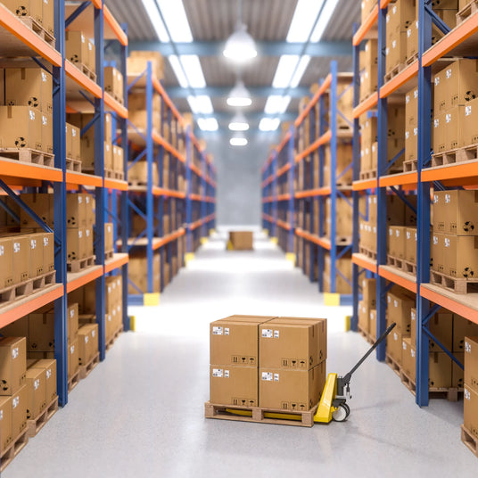 A spacious warehouse aisle lined with tall shelves filled with stacked cardboard boxes and a yellow pallet jack in the foreground