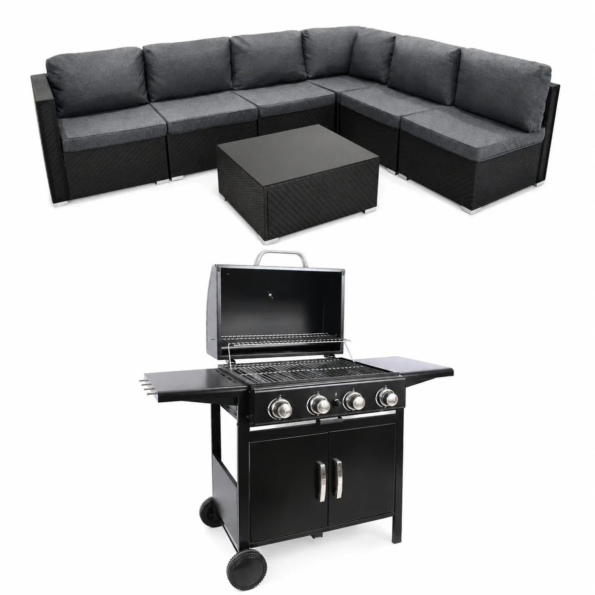 Black Rattan Corner Sofa Set & 4-Burner Gas BBQ Grill Bundle