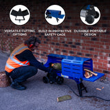Blue T-Mech 7T log splitter with safety cage, portable design, and user operating it on a paved surface near a brick wall