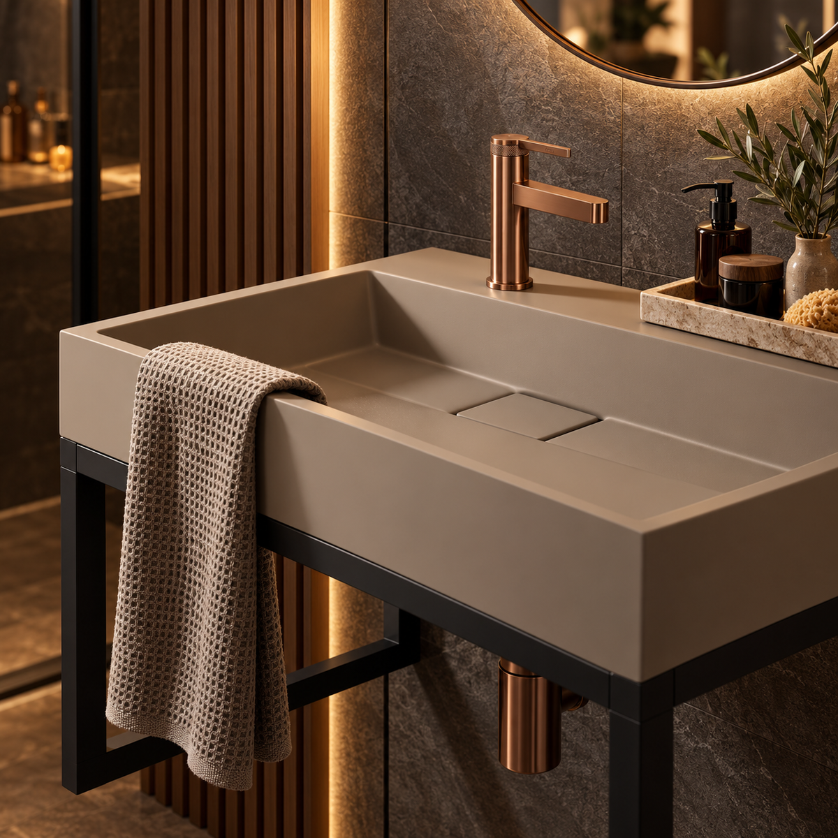 Rectangular Conglomerate Washbasin with Frame – Beige