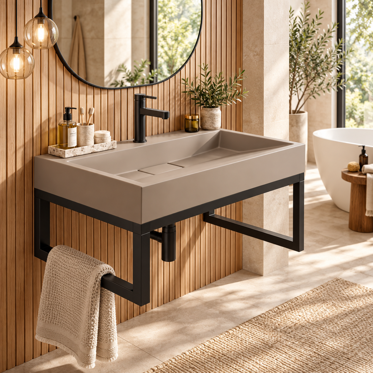 Rectangular Conglomerate Washbasin with Frame – Beige