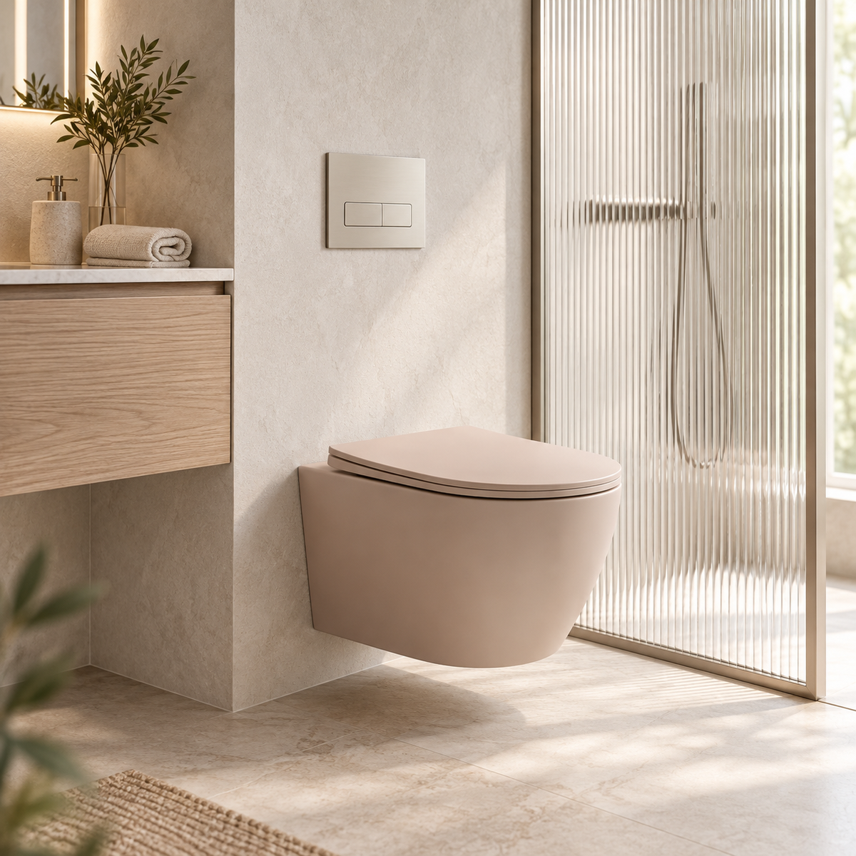 Wall-Hung Rimless Toilet with Seat – Mocca Matt