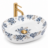 Oval Floral Ceramic Counter-top Basin – Matt White and Blue