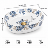 Oval Floral Ceramic Counter-top Basin – Matt White and Blue