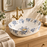 Oval Floral Ceramic Counter-top Basin – Matt White and Blue