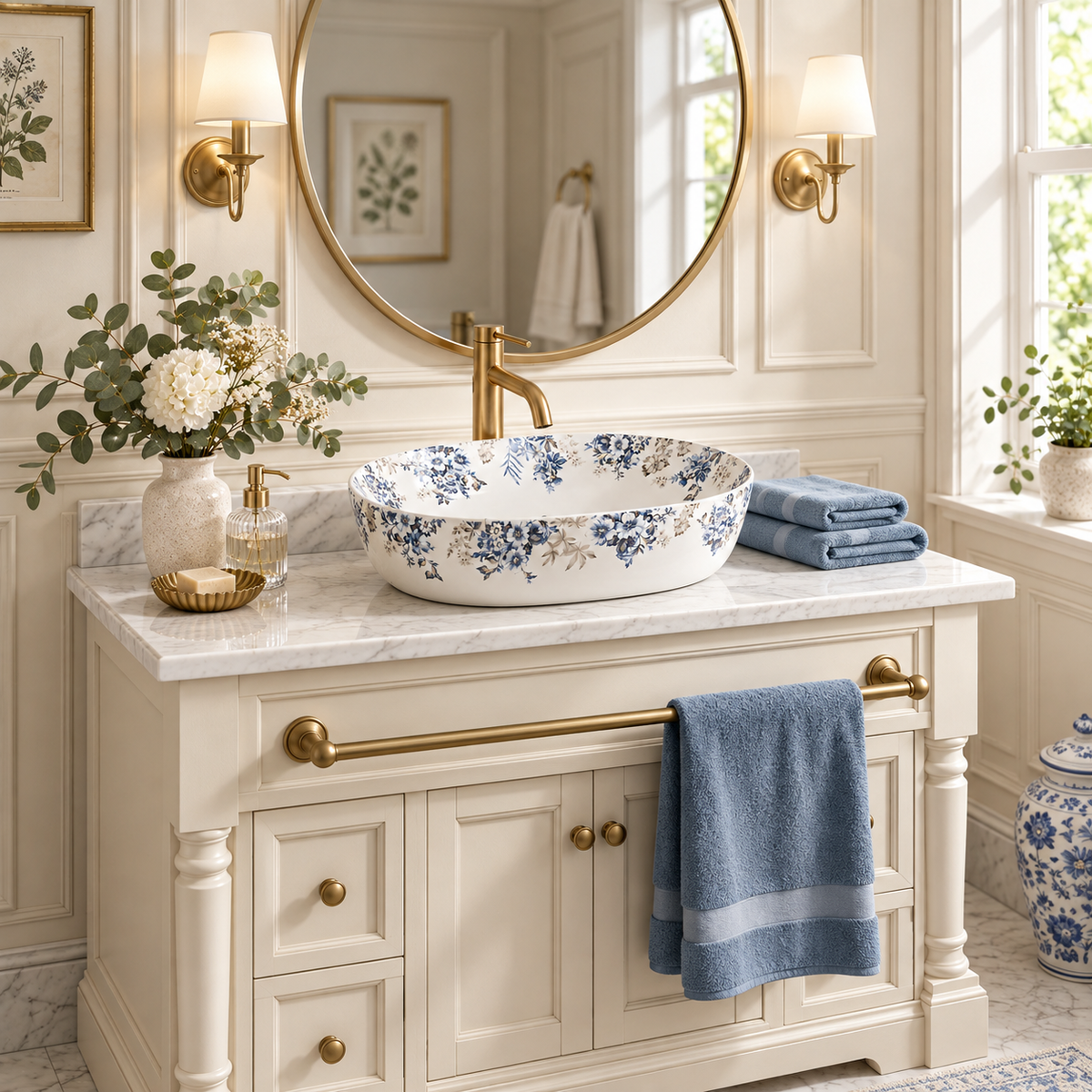 Oval Floral Ceramic Counter-top Basin – Matt White and Blue