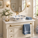 Oval Floral Ceramic Counter-top Basin – Matt White and Blue
