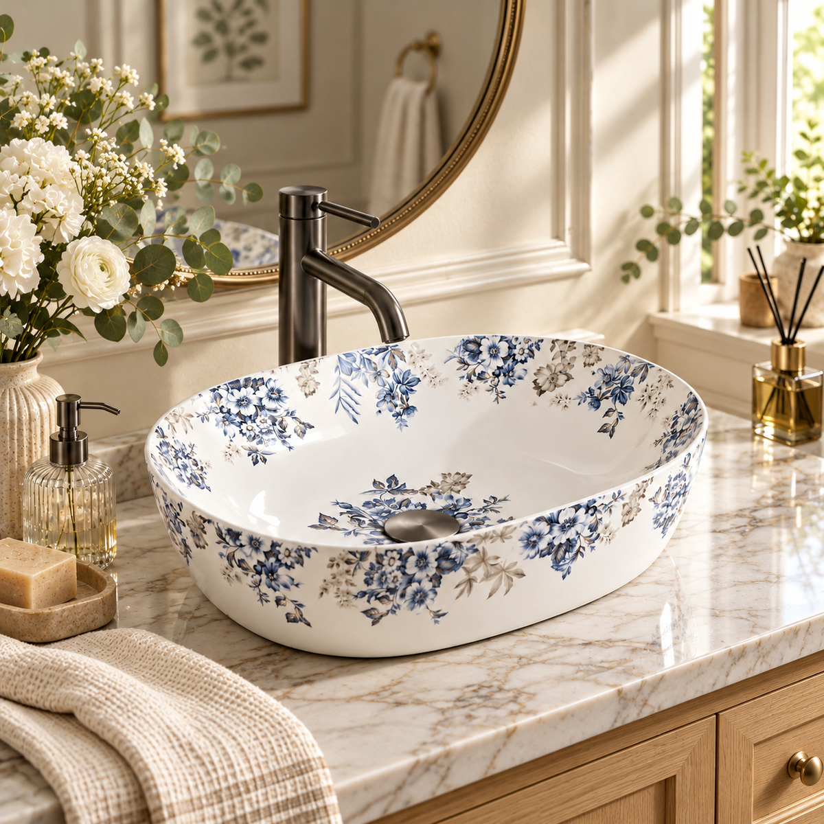 Oval Floral Ceramic Counter-top Basin – Matt White and Blue