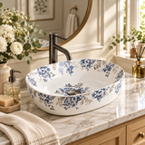 Oval Floral Ceramic Counter-top Basin – Matt White and Blue