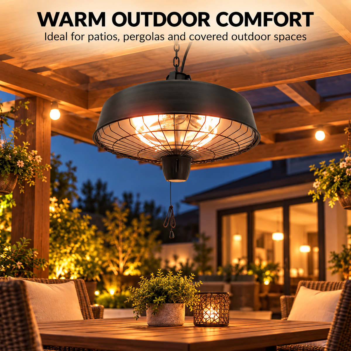 2500W Hanging Infrared Halogen Patio Heater with Light – Black
