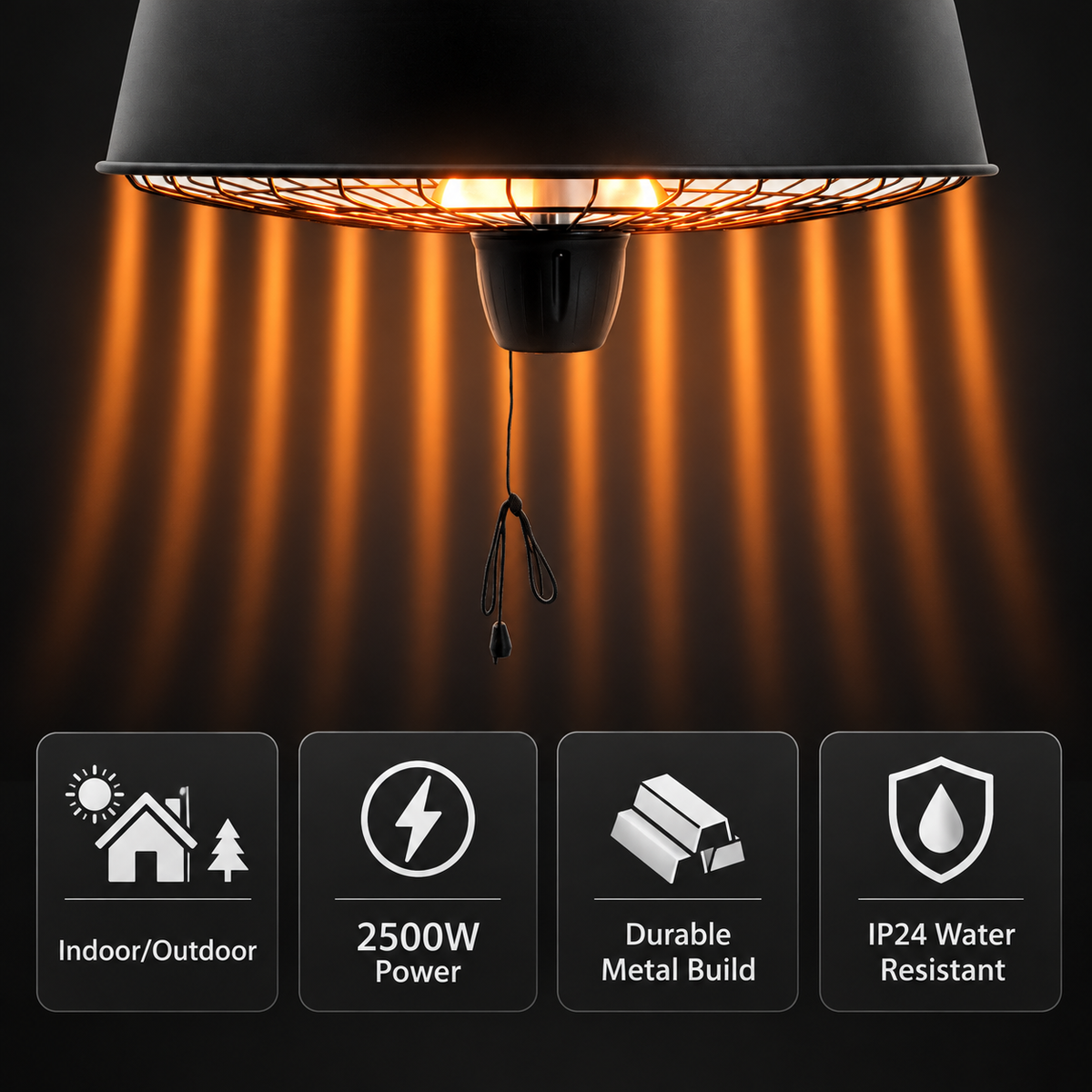 2500W Hanging Infrared Halogen Patio Heater with Light – Black