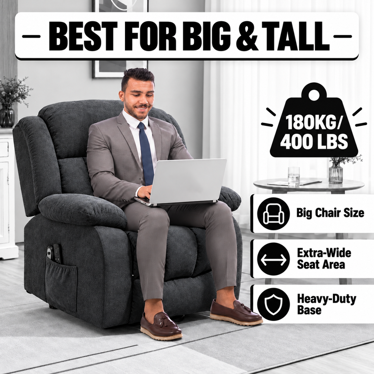 Electric Riser Recliner Chair with 8-Point Massage – Dark Grey
