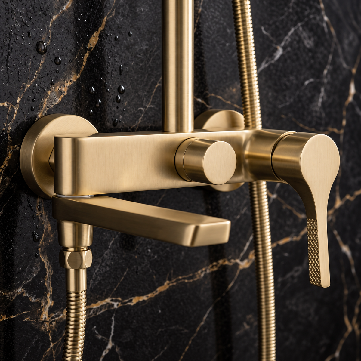 Premium Exposed Shower Set with Rainfall Head and Bath Spout – Brushed Gold