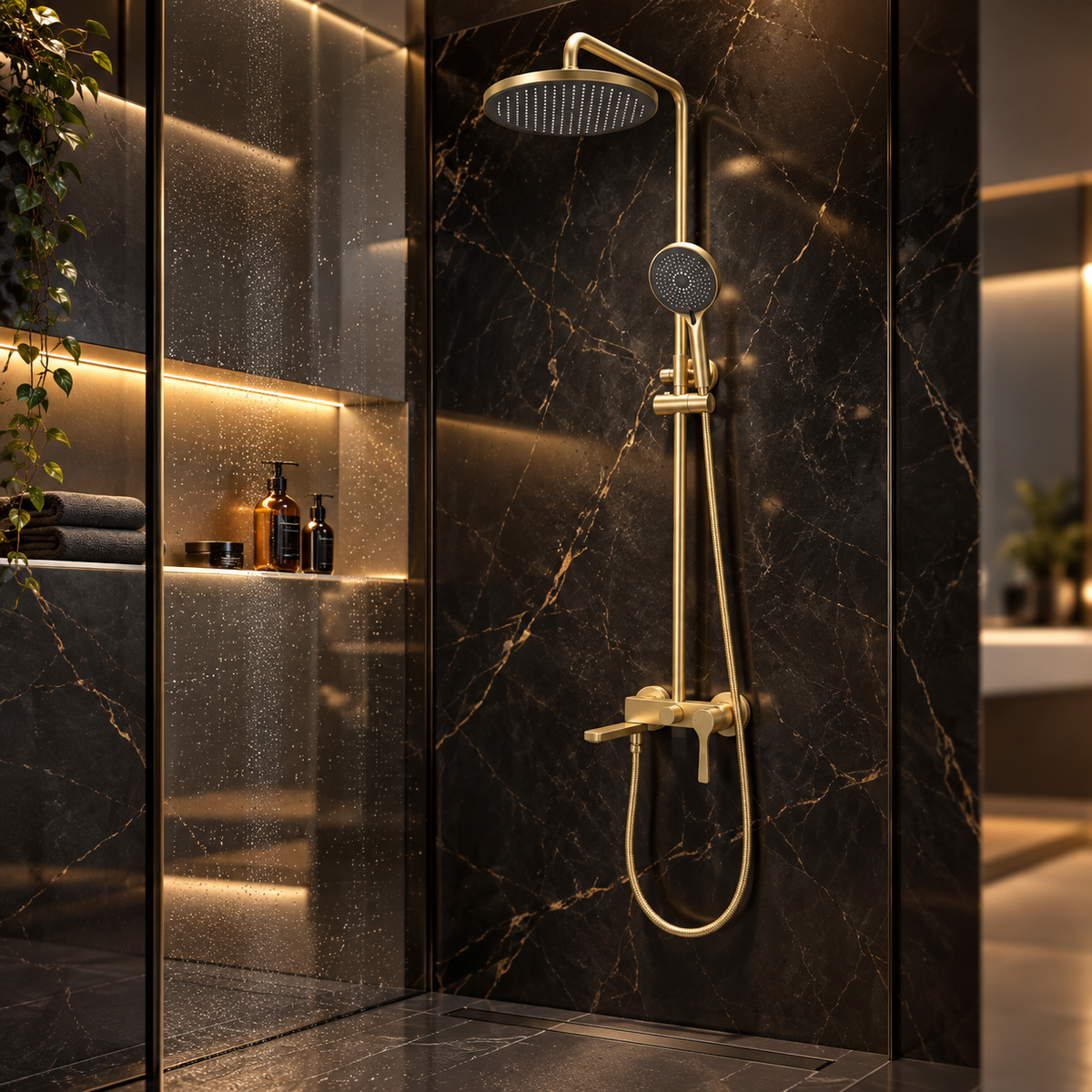 Premium Exposed Shower Set with Rainfall Head and Bath Spout – Brushed Gold