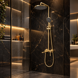 Premium Exposed Shower Set with Rainfall Head and Bath Spout – Brushed Gold
