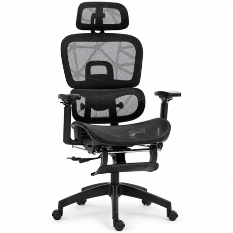 Ergonomic black mesh office chair featuring adjustable lumbar support, a footrest, and padded armrests for comfort and support