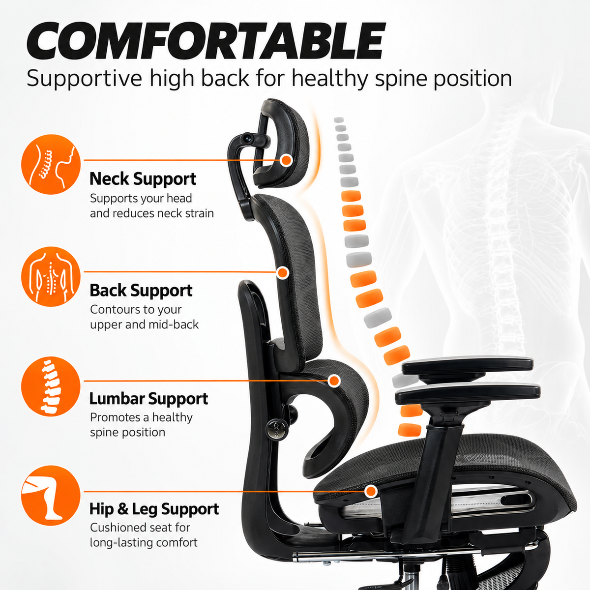 Ergonomic Mesh Office Chair with Footrest & Adjustable Lumbar Support – Black