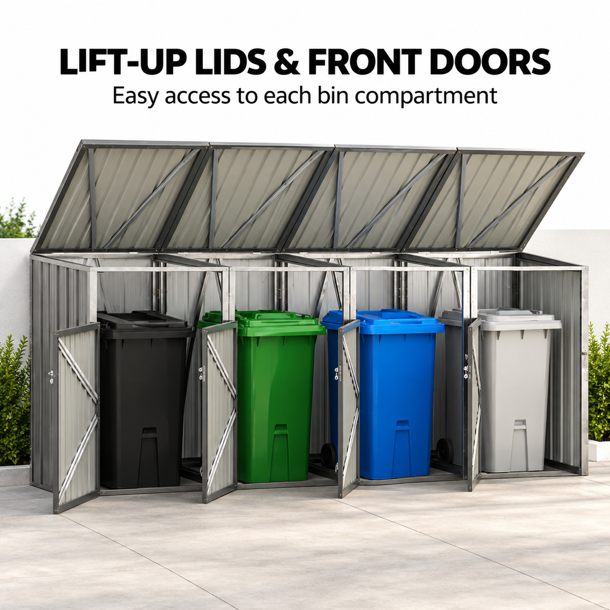 4-Bin Outdoor Storage Shed with Lockable Doors – Galvanised Steel